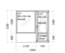 Балконный блок  Veka Euroline ( трёхкамерный профиль ) 1900 x 2100 мм с/п 4б+16+4и